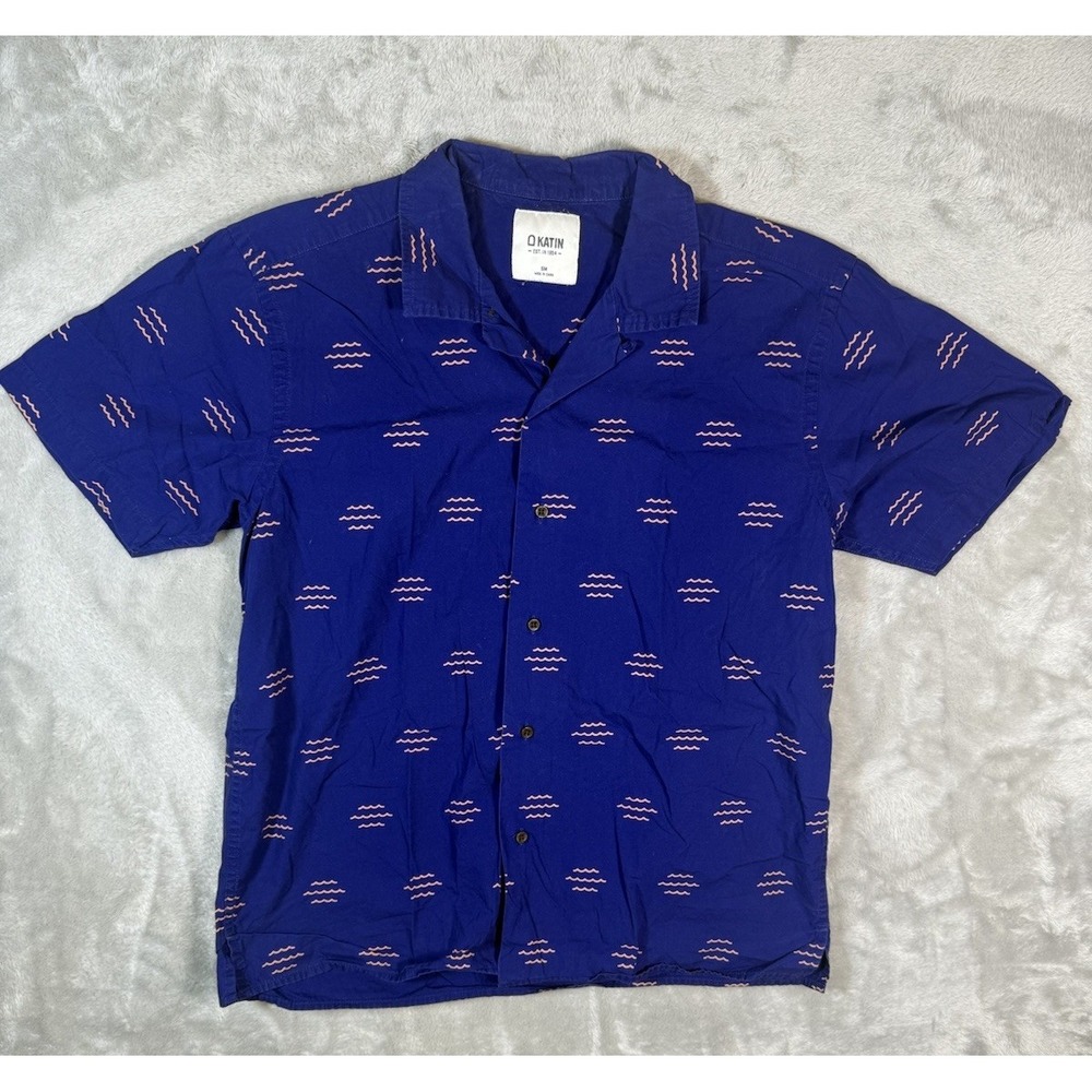 Katin Shirt‎ Mens Small Blue Waves Button Up Short Sleeve Loop Collar